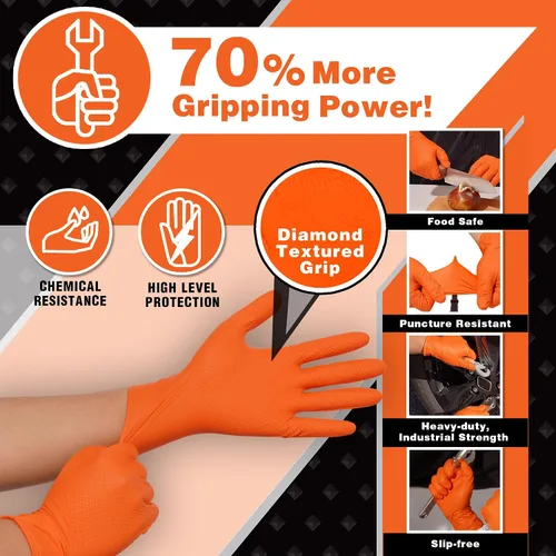 Miniatura 2 de Industrial Nitrile Gloves – Heavy Duty Latex & Powder Free Disposable Gloves with Diamond Texture Naranja