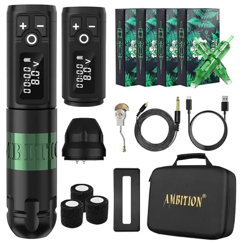 Miniatura 9 de Ambition Kit de máquina de tatuaje inalámbrica soldado, kit completo de bolígrafo de tatuaje con motor rotativo sin núcleo, batería extra de 2400