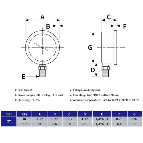 Miniatura 4 de HFS (R) -30 inHg-0 PSI Medidor de presión de vacío relleno de glicerina, tamaño de dial de 2", montaje inferior NPT de 1/4", caja de acero