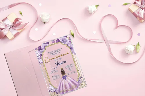 Miniatura 6 de Avior Invitación de quinceañera lila vestido de cristal acrílico, rosa Mis membrillo, dulce 15, dulce 16, diseño floral, diseño español membrillo