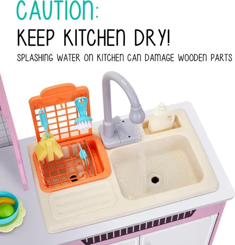 Miniatura 3 de Lil' Jumbl Cocina de madera para niños con fregadero de agua corriente real, juego de cocina interactivo con microondas, estufa, luces y sonidos Rosa