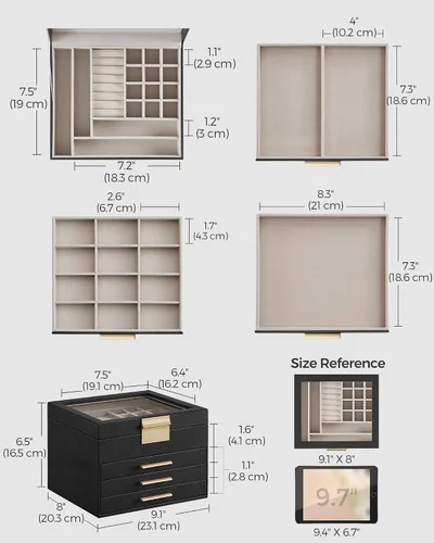 Miniatura 6 de SONGMICS Joyero organizador con tapa de vidrio, almacenamiento de joyas de 4 capas, con 3 cajones, estilo moderno, regalo de Navidad, 8 x 9.1 x 6.5