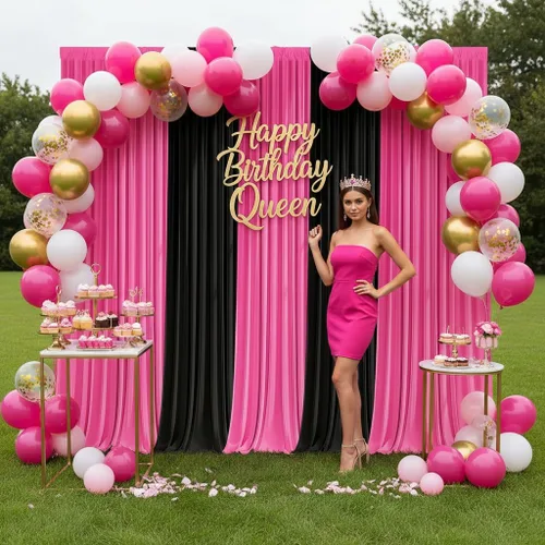 Miniatura 4 de Cortina tipo telón de fondo negro y rosa de 10 x 7 pies, fondo de fiesta de poliéster sin arrugas para cumpleaños, bodas, baby shower, fotografía