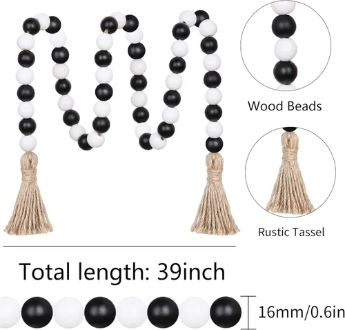 Miniatura 6 de Meplait - Guirnalda de cuentas de madera - 39 pulgadas de estilo rústico con borlas para decoración de bandejas escalonadas - Negro y blanco
