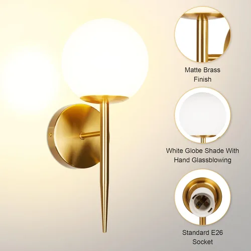 Miniatura 3 de Juego de 2 apliques de pared modernos de globo dorado, lámpara de pared industrial de mediados de siglo con pantalla de vidrio de globo blanco