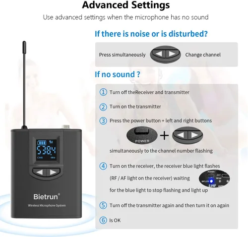 Miniatura 5 de Bietrun - Sistema de micrófono inalámbrico UHF Lavalier de solapa/micrófono para auriculares/micrófono de soporte, rango de 50.3 metros, transmisor