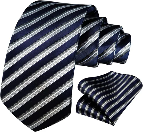 Miniatura 2 de HISDERN Corbatas de rayas para hombre corbata clásica tejida con corbata a rayas y bolsillo cuadrado conjunto formal de negocios y boda