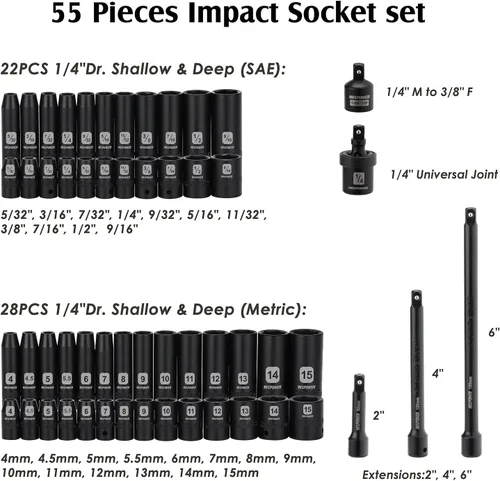 Miniatura 3 de MIXPOWER Juego de llaves de impacto de 55 piezas de 1/4", CR-V, 6 puntas, SAE/métrico, 5/32 pulgadas - 9/16 pulgadas, 4 mm - 15 mm, poco