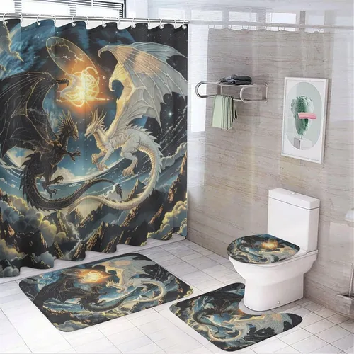 Juego de 4 cortinas de ducha con diseño de dragón y luna de fantasía, juego de decoración de baño con alfombras, tapete de baño, cortina de ducha de