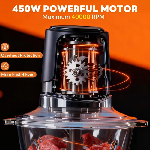 Miniatura 5 de OLIXIS Procesador eléctrico de alimentos, picadora de carne de 450 W y picadora de verduras con 2 tazones para uso doméstico, picadora de alimentos