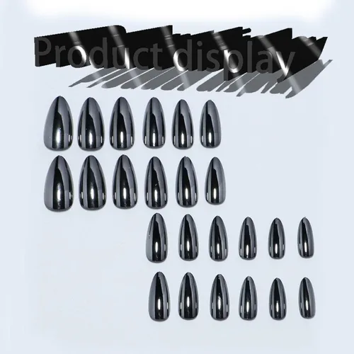 Miniatura 5 de Uñas postizas cromadas negras a presión de almendra mediana, uñas postizas de aguja con diseño brillante, uñas postizas acrílicas de metal brillante
