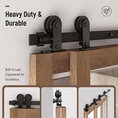 Miniatura 6 de CCJH Kit de herrajes para puerta corrediza de granero de 4 pies para 2 puertas, sistema de riel de un solo riel deslizante suavemente silencioso
