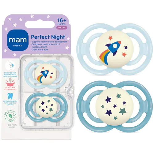 MAM Perfect Night - Chupete para bebé, pezón patentado, brilla en la oscuridad, paquete de 2, más de 16 meses, azul/niño