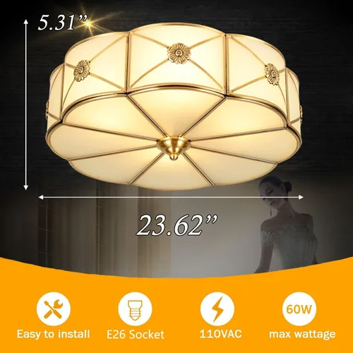Miniatura 9 de Lámpara de techo empotrada de latón de mediados de siglo, lámpara de techo LED de latón y vidrio de 6 luces, pantalla de vidrio esmerilado, luz Flor