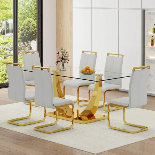 Miniatura 32 de Juego de Mesa de Comedor Negra para 6, Mesa de Comedor de Mármol Falso de 71" para 6, Juego de Mesa de Cocina Rectangular con Sillas de Cuero PU
