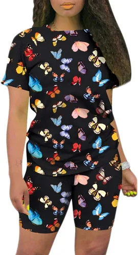 Go Mai Conjunto deportivo de 2 piezas para mujer, conjunto deportivo con lentejuelas y labios y estampado de mariposas y pantalones cortos con