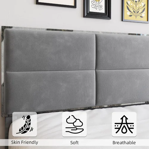 Miniatura 4 de Base de cama tamaño matrimonial, base de cama con cabecera cuadrada de terciopelo, soporte de listones de madera, antideslizante y sin ruido,