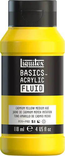 Liquitex BASICS Pintura acrílica fluida, botella de 118ml (4 onzas), tono amarillo cadmio medio Tono medio amarillo cadmio