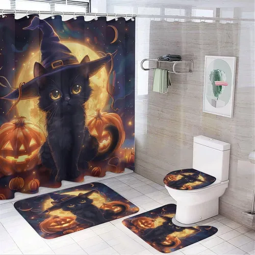 Miniatura 9 de Juego de 4 cortinas de ducha divertidas con diseño de gato, calabaza, luna, con alfombras, tapa de inodoro y tapete de baño, farol de Halloween