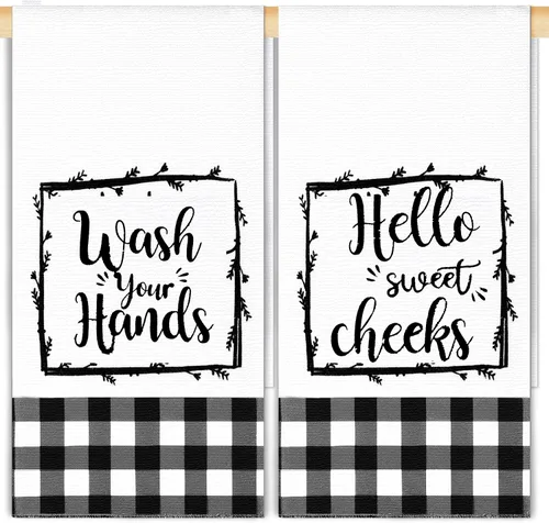Tatuo 2 toallas de mano de baño a cuadros blancos y negros de 17 x 27 pulgadas, paños de cocina de granja Hello Sweet para baño, hogar, lavar y