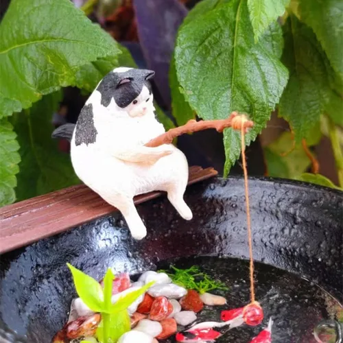 Miniatura 4 de Decoración de acuario de gato de pesca en miniatura, mini estatua de animales, decoración de animales de acuario, juego de figuras en miniatura