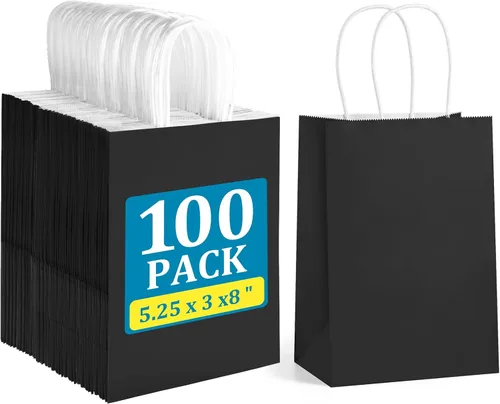 Miniatura 7 de BagDream Bolsas de regalo negras de 5.25 x 3 x 8 pulgadas, pequeñas bolsas de papel kraft con asas, paquete de 100 unidades para Halloween