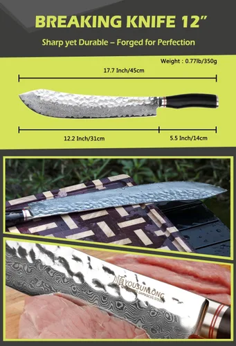 Miniatura 3 de YOUSUNLONG Breaking Knife Max Bull Nose Cuchillo de carnicero japonés de 12 pulgadas, 67 capas de acero de Damasco martillado con mango de madera