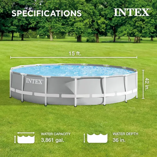 Miniatura 2 de Intex 26723EH - Juego de piscina sobre el suelo con marco de prisma de 15 pies por 42 pulgadas con cubierta de residuos, escalera y bomba de filtro