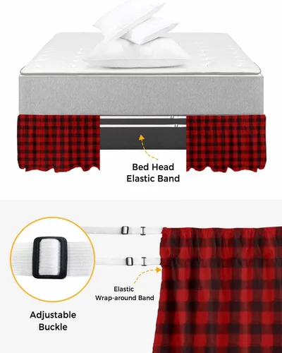 Miniatura 4 de Falda de cama a cuadros rojos y negros, tamaño Cal King, con caída de 18 pulgadas, ajustable y elástica, plisada, con volantes antipolvo de lujo