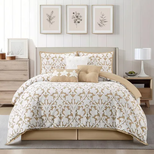 Miniatura 8 de Grand Avenue Juego de edredón azul de 7 piezas, juego de cama jacquard tamaño Queen, ropa de cama de hojas florales para todas las estaciones