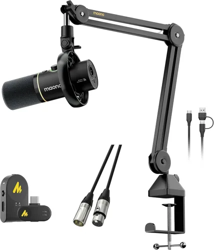 MAONO PD200W micrófono inalámbrico híbrido podcast para PC, kit de micrófono dinámico XLR USB con brazo de pluma (PD200W+receptor de cámara+XLR-180)