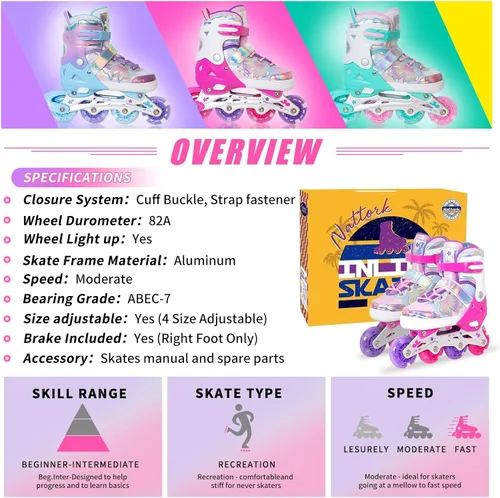 Miniatura 8 de Nattork Patines en Línea para Niñas y Niños, 4 Tallas Ajustables Patines Butterfly Blades con Todas las Ruedas Iluminadas - Regalo de Cumpleaños