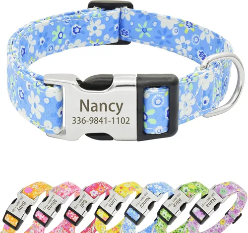 Collares de perro florales personalizados con nombre, collares suaves personalizados con hebilla grabada para perros pequeños, medianos y grandes