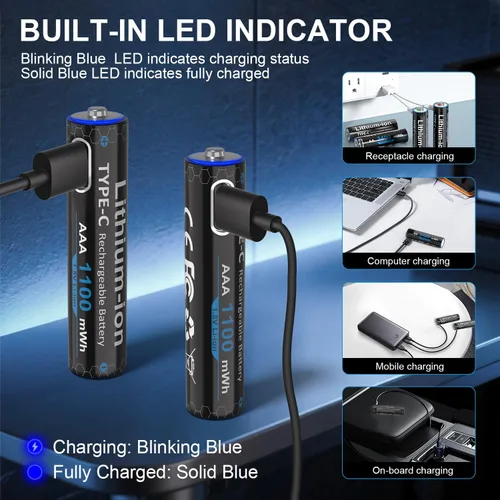 Miniatura 5 de Baterías de litio AAA recargables USB de 1100 mWh (paquete de 4, 1.5 V), baterías triple A con cable tipo C, 1200 ciclos, batería AAA de larga