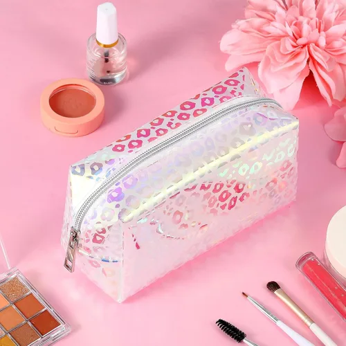 Miniatura 5 de Boao 2 bolsas de maquillaje holográficas iridiscentes transparentes con purpurina, bolsa de cosméticos de viaje, bolsa de aseo con cremallera