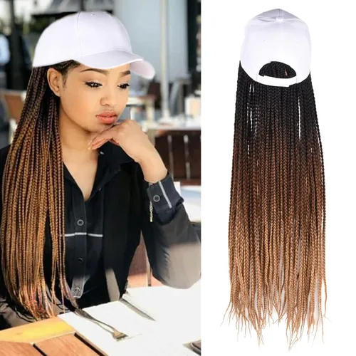 Miniatura 9 de Gorra con peluca para mujeres con gorra de béisbol y cabello trenzado adjunto, peluca de trenzas negras sintéticas, gorra ajustable con trenzas