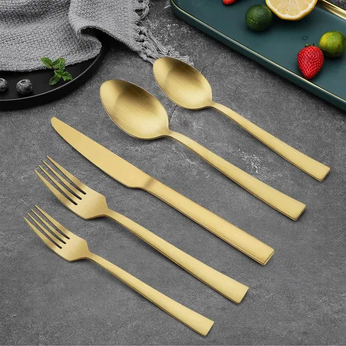 Miniatura 5 de E-far - Juego de cubiertos de 20 piezas de acero inoxidable mate para 4, cubiertos de metal para comer, incluye tenedores, cucharas, cuchillos, Oro