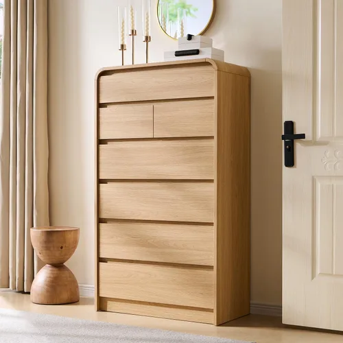 Miniatura 8 de Aitjunz Cómoda moderna de 5 cajones para dormitorio, 114 cm de altura con diseño de perfil curvo, cómoda vertical de madera estilo mediados de siglo