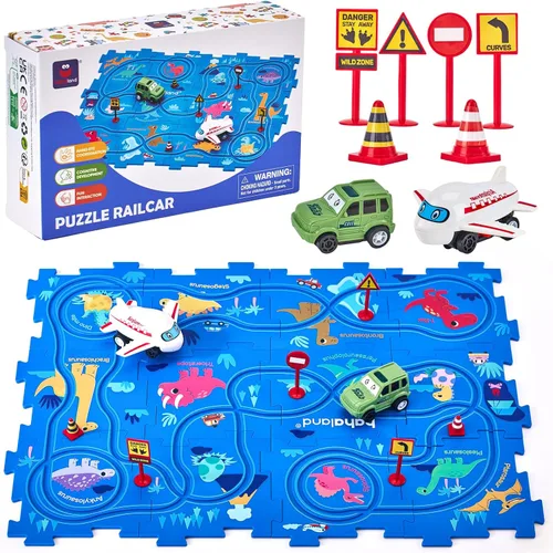hahaland Puzzle Racer Juego de Pista de Coches para Niños - Tamaño Más Grande de 5x5 Pulgadas de Cada Pieza, Juguetes para Edades 3-4, para Niños de
