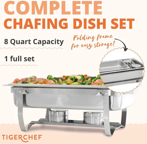Miniatura 2 de Tiger Chef 8 cuartos de galón, Chafer Tamaño Completo Acero Inoxidable 2 charolas de medio tamaño y Carcasa de tacto frío de plástico., Plateado