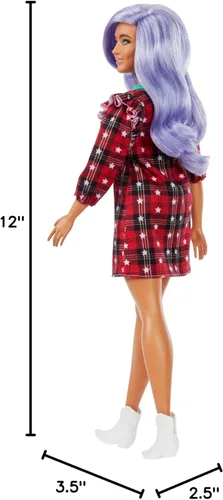 Miniatura 5 de Barbie Fashionistas - Muñeca #157, con curvas con cabello lavanda con vestido rojo a cuadros, botas de vaquero blancas y bolsa de cactus verde