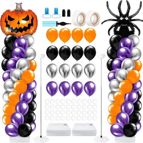 Miniatura 31 de Kasyat Juego de 2 soportes de columna de globos para fiesta de arañas con 2 arañas y 100 globos de látex rojos, azules y negros, soportes de arco