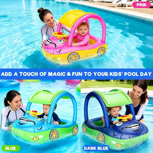 Miniatura 4 de iGeeKid Flotador inflable de piscina para bebé con toldo, asiento de seguridad para bebé, flotadores de natación en forma de automóvil, flotadores