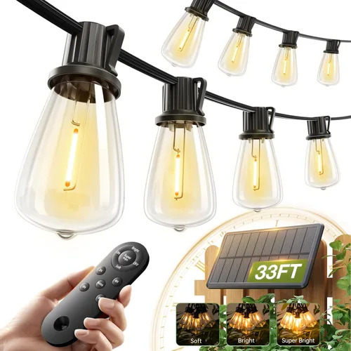 addlon Luces de Cadena Solares de 33 (27+6) Pies Impermeables, Luz de Patio Solar con Control Remoto y Puerto USB, 9+1 Bombillas LED Irrompibles, 3