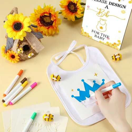 Miniatura 4 de Panitay Kit de decoración de 100 baberos para bebé, 50 baberos blancos, 25 plantillas, 24 marcadores de tela, 1 letrero de juego para baby shower
