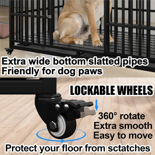 Miniatura 5 de Jaula resistente para perros de 54 pulgadas, jaula para perros gigantes extra grandes con 2 puertas, ruedas con bloqueo, bandejas extraíbles, acceso