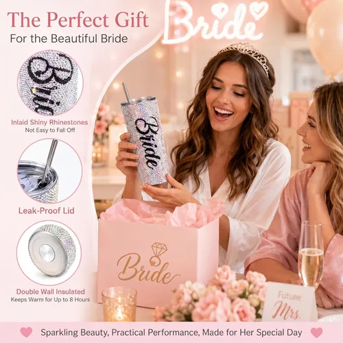 Miniatura 4 de Vesici Vaso de novia con diamantes brillantes de 20 onzas, taza de novia aislada con popote y tapa, regalos de boda para fiesta de compromiso
