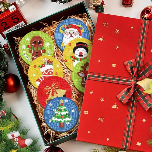 Miniatura 7 de FOWSEEK 8 Piezas Posavasos de Arte de Pintura de Diamantes de Navidad, Kit de Posavasos de Arte de Diamante DIY con Soporte para Adultos