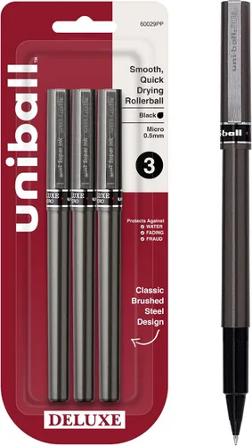 uni-ball® Bolígrafos de punta redonda Deluxe, 0.020 in, barril de grafito, tinta negra, paquete de 3 Gris metálico
