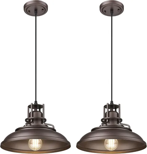 Miniatura 11 de FEMILA Lámpara Colgante de Granja, Lámpara Colgante Vintage de Granero de 12" para Isla de Cocina, Altura Ajustable, Acabado en Bronce Frotado